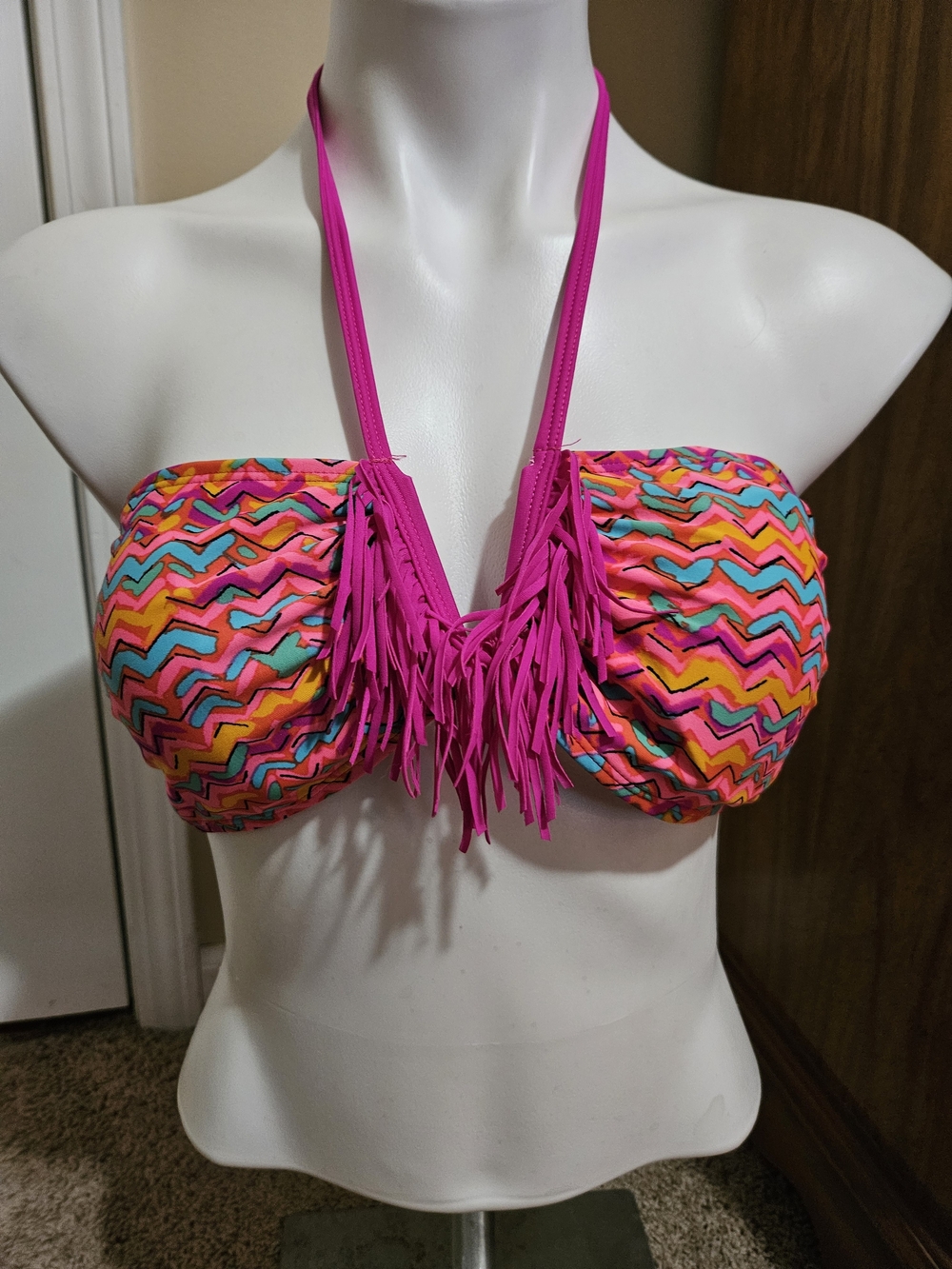 aerie Hot Pink Fringe Bandeau Bikini Top with Multicolor Chevron Print